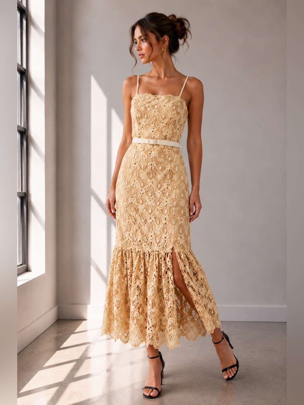 Just Me Beige Lace Midi Dress with Spaghetti Straps